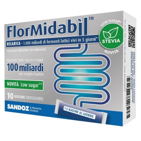 FlorMidabil Ricarica Con Stevia Integratore Con 100 Miliardi di Fermenti Lattici Vivi 10 Bustine Sti