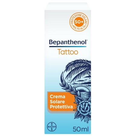 Bepanthenol Tattoo Crema Protezione Solare Molto Alta SPF50  Per Tatuaggio, Con Pantenolo, Idrata e 
